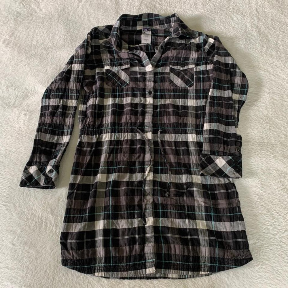 Women's M PATAGONIA Y2K‎ Highlands Plateau Black Plaid Long Sleeve Shirtdress